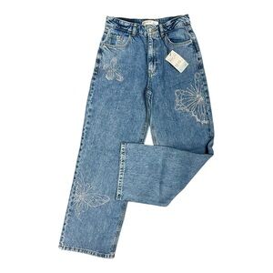 Denim&Co Blue Wide Leg Mid Rise Jeans with Rhinestone Butterfly Design